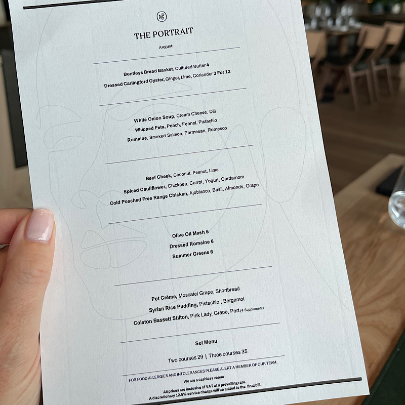 menu for portrait restaurant